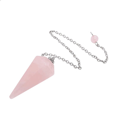 Rose quartz faceted cone pendulum detail with pink crystal for love divination and heart healing from The Witches Hollow UK