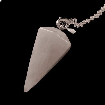 Rose quartz faceted cone pendulum with scrying board for love divination and emotional guidance from The Witches Hollow UK