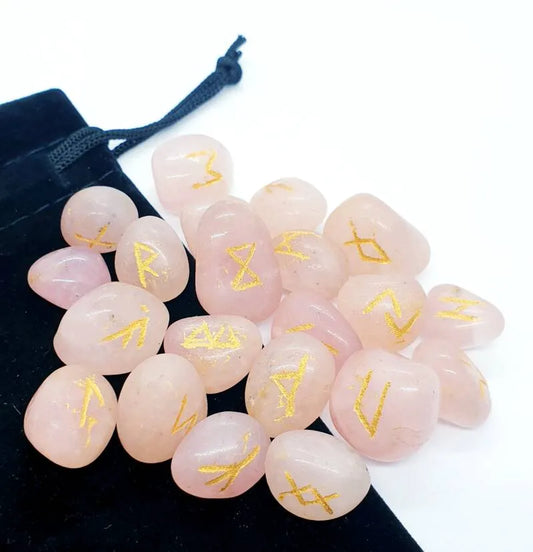 Rose quartz futhark rune set detail with pink stones for love divination and heart guidance from The Witches Hollow UK