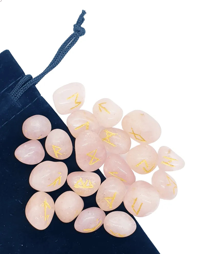 Rose quartz futhark rune set with pink stones for Norse divination and emotional healing from The Witches Hollow UK