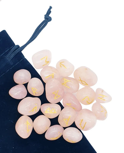 Rose quartz futhark rune set with pink stones for Norse divination and emotional healing from The Witches Hollow UK
