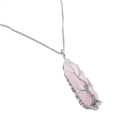 Rose quartz tree of life pendant with pink stone for unconditional love and heart chakra from The Witches Hollow UK