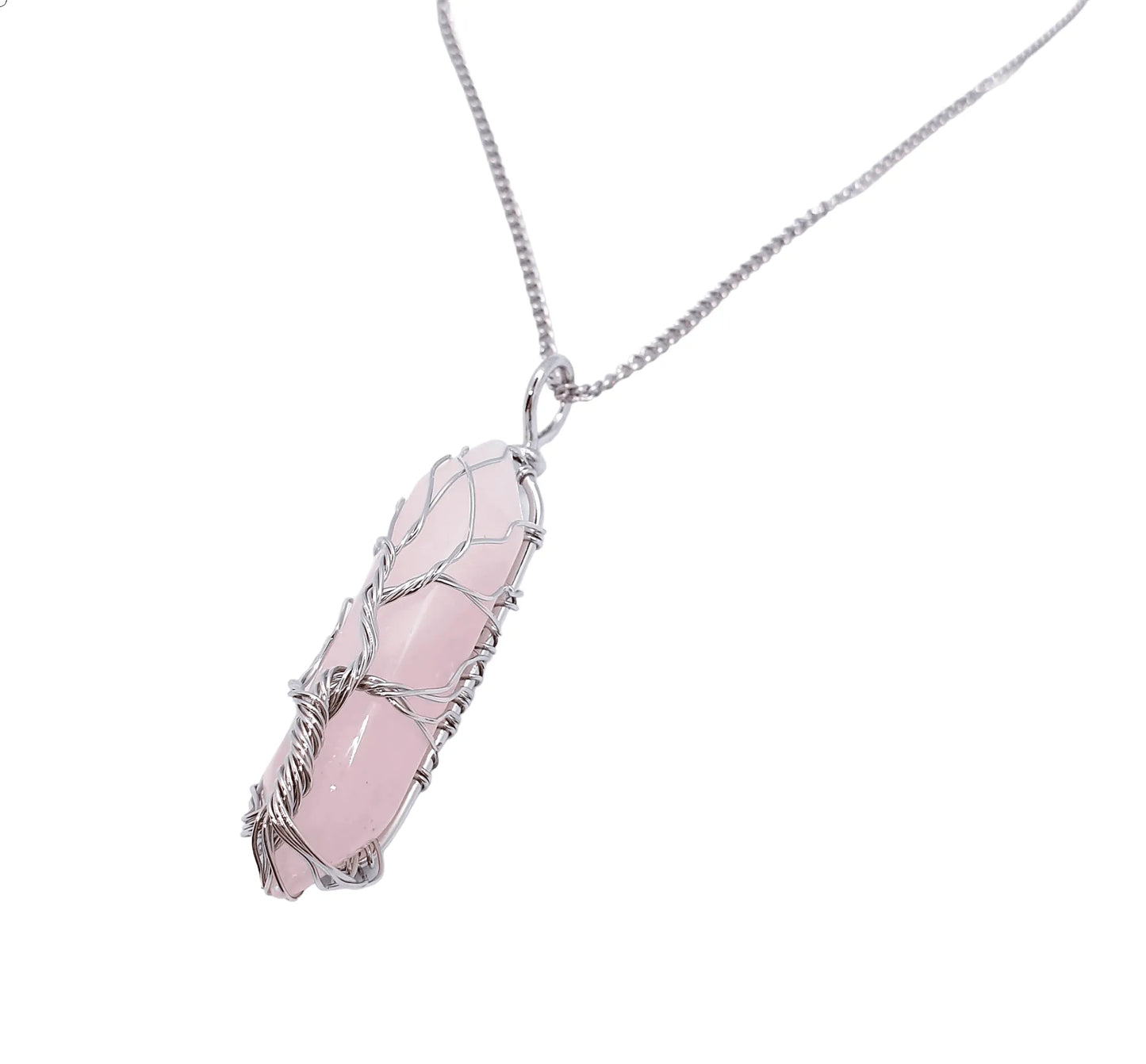 Rose quartz wire tree pendant featuring pink crystal tree for self-love and emotional healing from The Witches Hollow UK