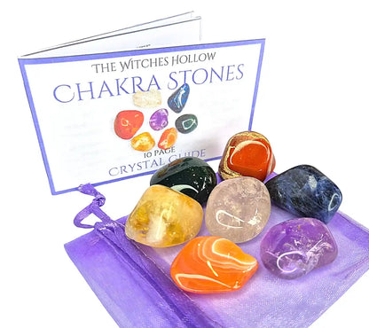 Chakra stones crystal healing set with amethyst, sodalite, green aventurine, carnelian, citrine, clear quartz and red jasper in purple organza bag with crystal guide from The Witches Hollow UK