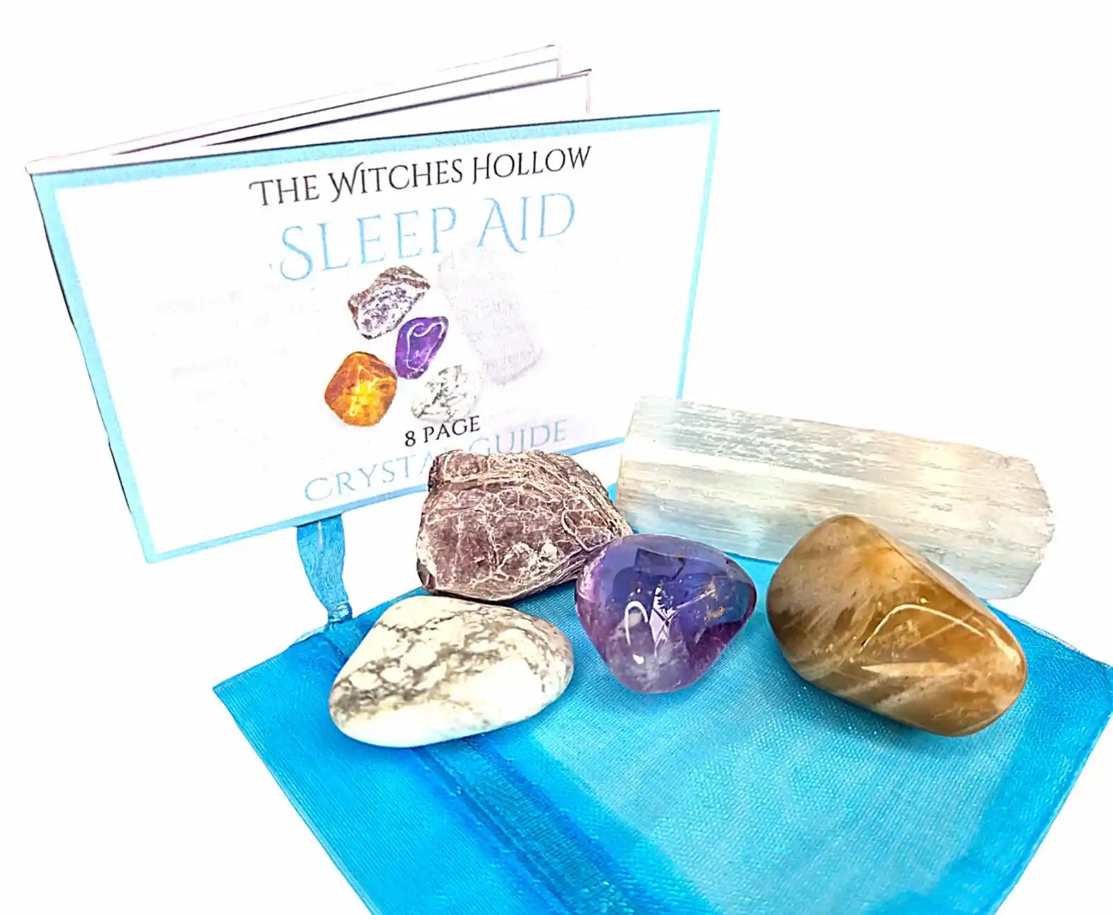 Sleep aid crystal pack complete set showing crystals, blue drawstring pouch and 8-page crystal guide booklet for peaceful sleep and insomnia relief - The Witches Hollow UK