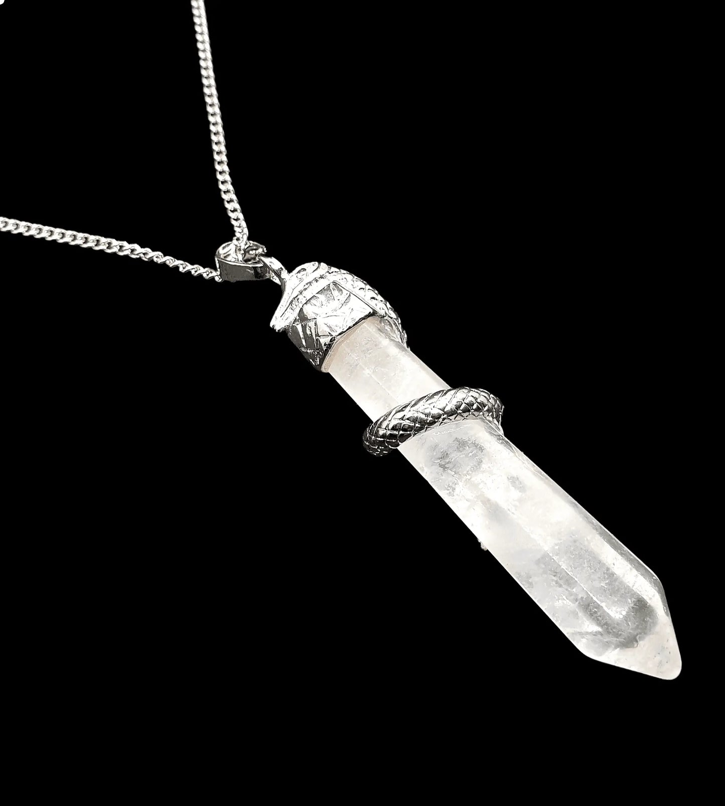 Snake quartz pendant detail showing clear crystal for snake medicine and healing energy from The Witches Hollow UK