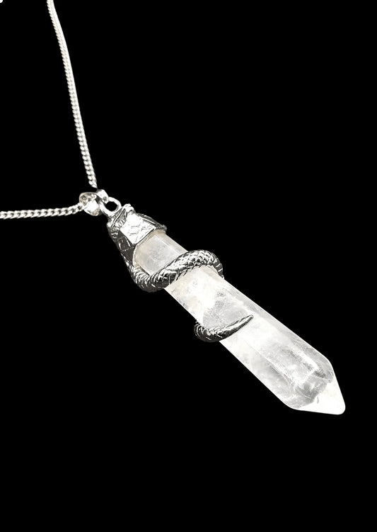 Snake quartz point pendant detail showing clear crystal with serpent energy for transformation from The Witches Hollow UK
