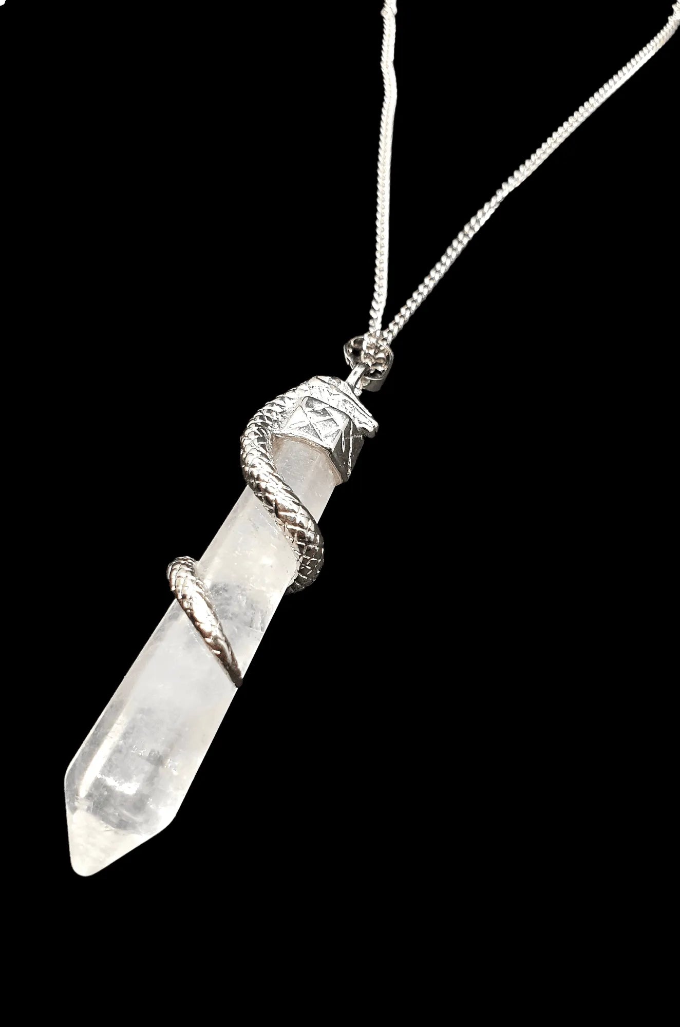 Snake quartz point pendant featuring clear crystal for serpent wisdom and transformation from The Witches Hollow UK