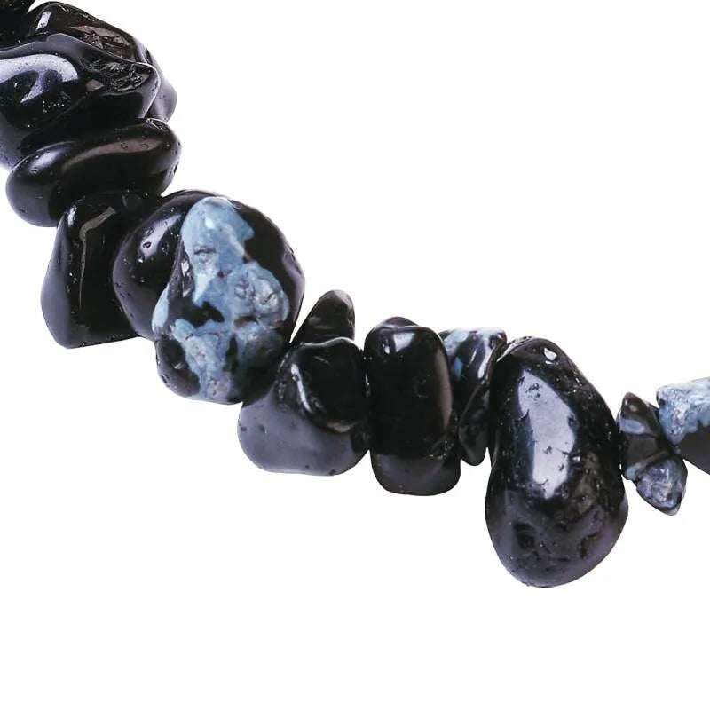 Snowflake obsidian crystal bracelet detail showing volcanic glass beads for spiritual grounding and balance from The Witches Hollow UK