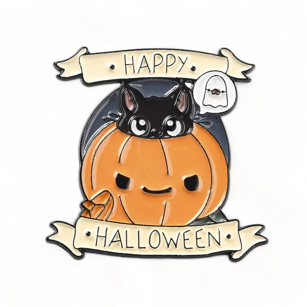 Spooky cat pumpkin enamel pin with Halloween design for gothic autumn style from The Witches Hollow UK