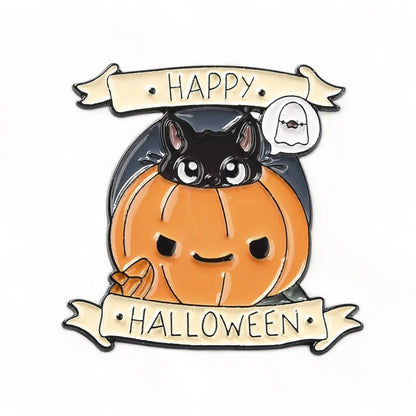 Spooky cat pumpkin enamel pin with Halloween design for gothic autumn style from The Witches Hollow UK