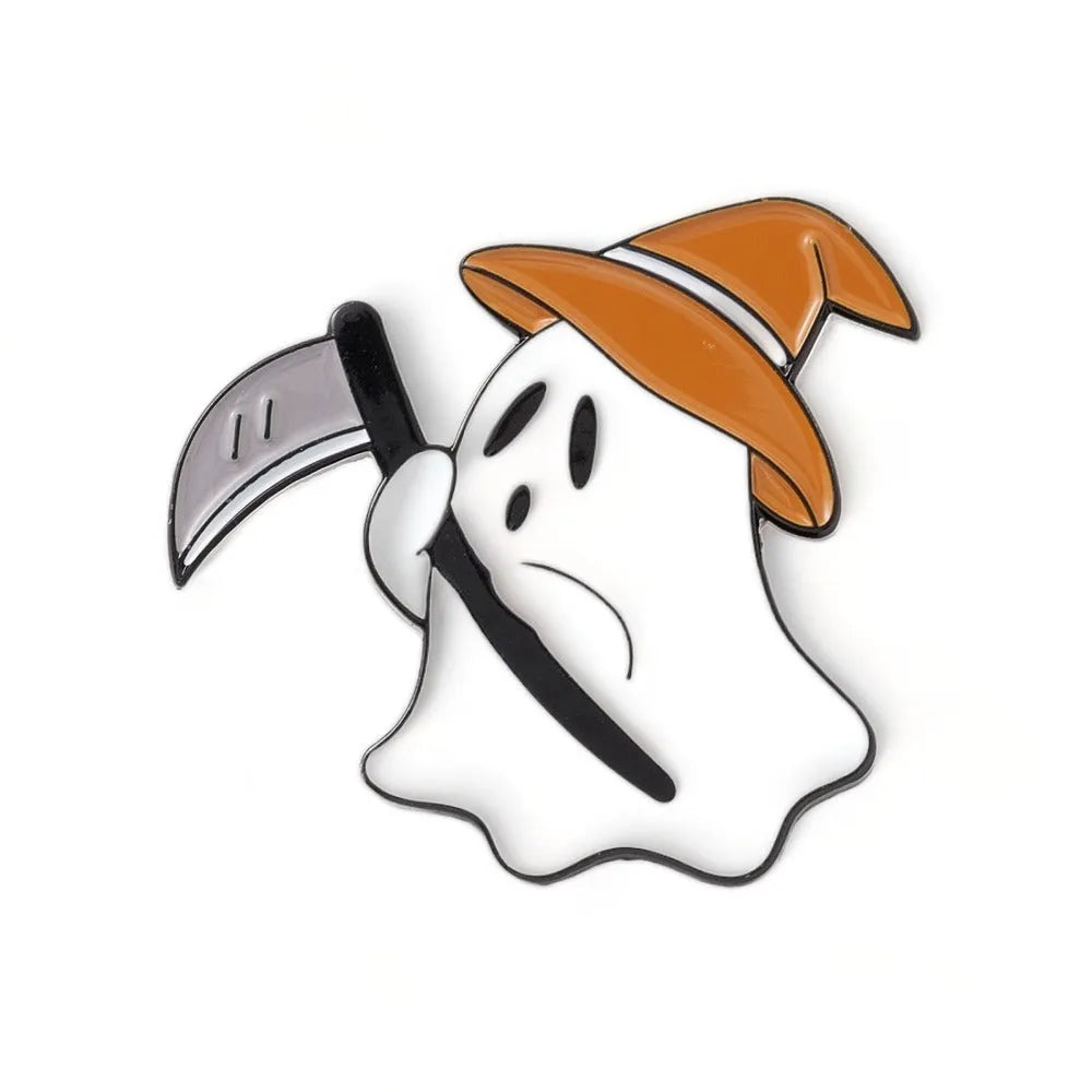 Spooky ghost scythe enamel pin with Halloween spirit design for gothic accessories from The Witches Hollow UK