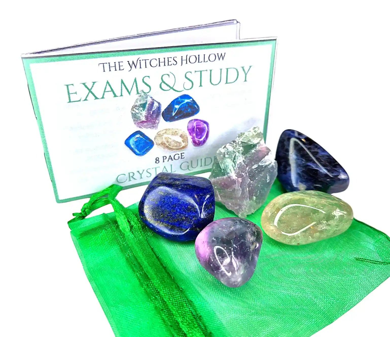 Exams and study crystal healing pack with fluorite, lapis lazuli, amethyst and clear quartz in green organza bag with crystal guide from The Witches Hollow UK
