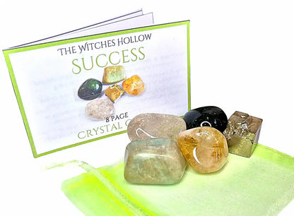 Success abundance crystal pack complete set showing crystals, green drawstring pouch and 8-page crystal guide booklet for manifestation and prosperity success - The Witches Hollow UK