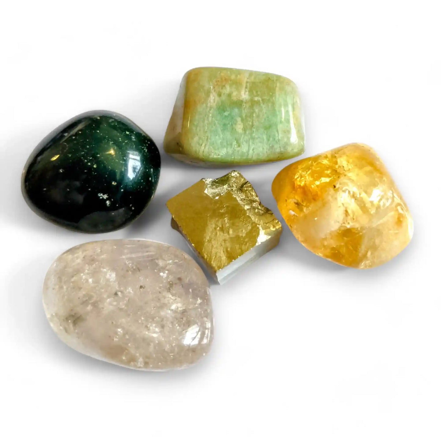 Success abundance crystal healing pack with 5 natural stones - Pyrite, Citrine, Green Aventurine, Clear Quartz and Amazonite for career success