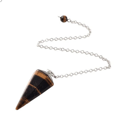Tigers eye faceted cone pendulum with golden crystal for confidence dowsing and protection guidance from The Witches Hollow UK