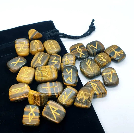 Tigers eye futhark rune set with golden stones for Norse divination and ancient wisdom from The Witches Hollow UK
