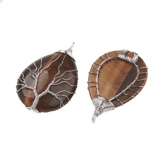 Tigers eye round tree pendant with golden crystal tree for courage and spiritual growth from The Witches Hollow UK