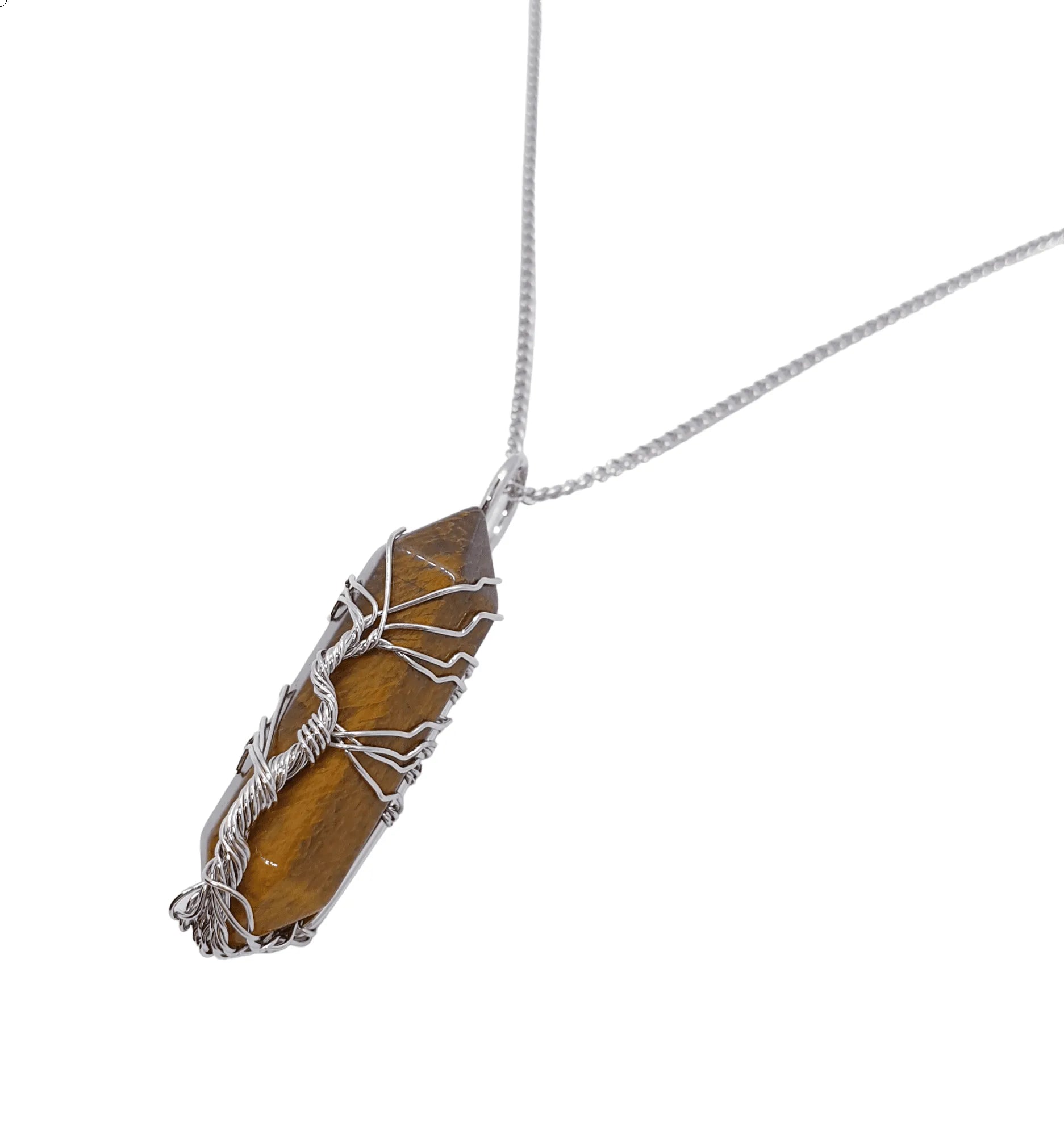 Tigers eye wire tree pendant alternative view showing courage stone tree of life design from The Witches Hollow UK