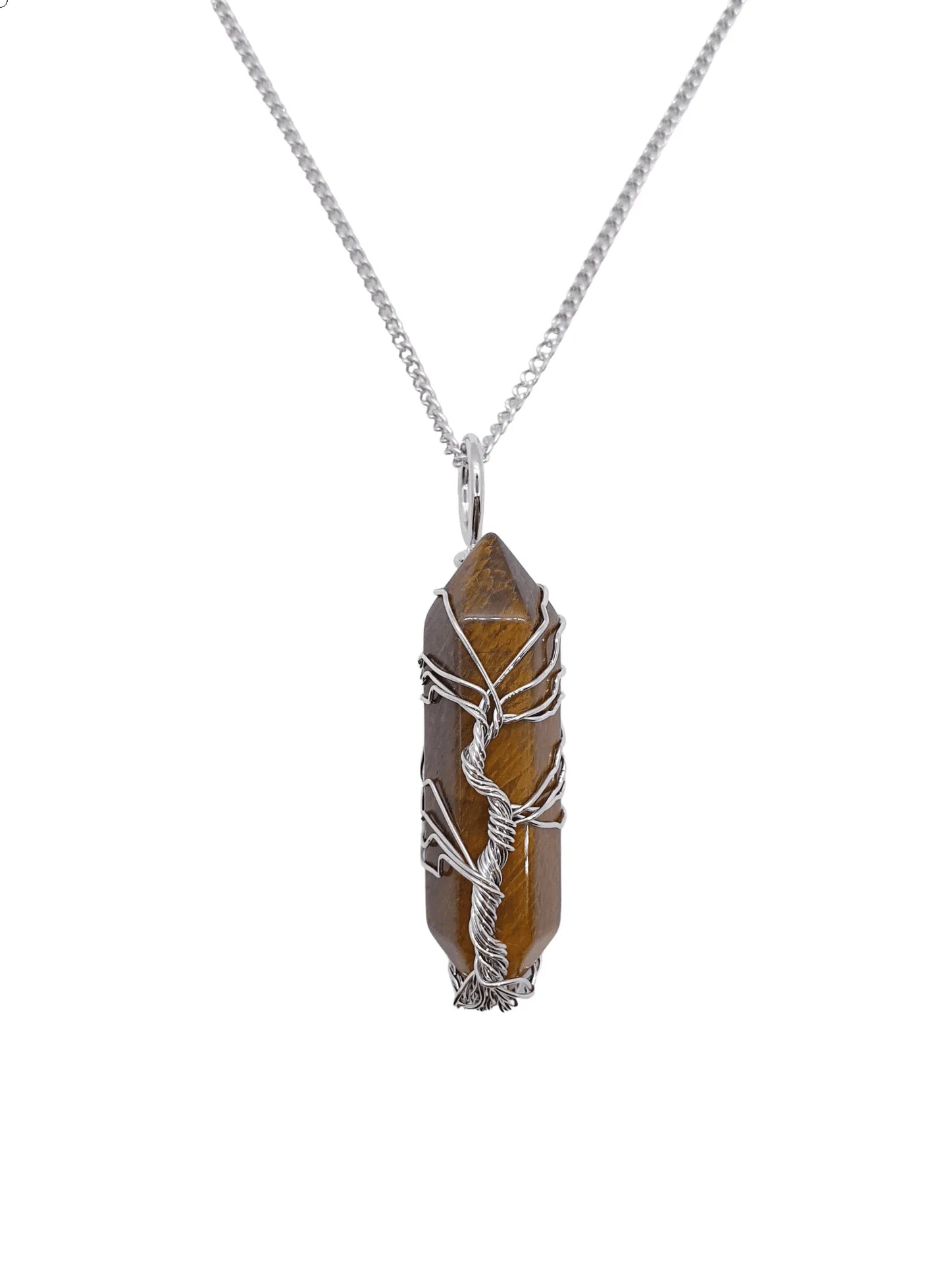 Tigers eye wire tree pendant detail showing golden crystal tree of life for courage and strength from The Witches Hollow UK