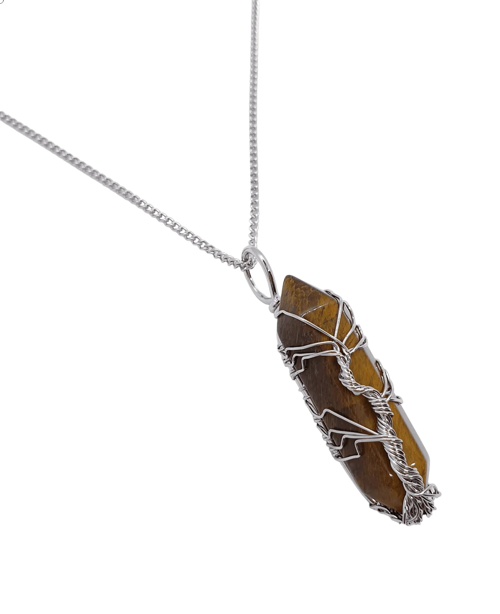 Tigers eye wire tree pendant with golden crystal tree for personal power and protection from The Witches Hollow UK