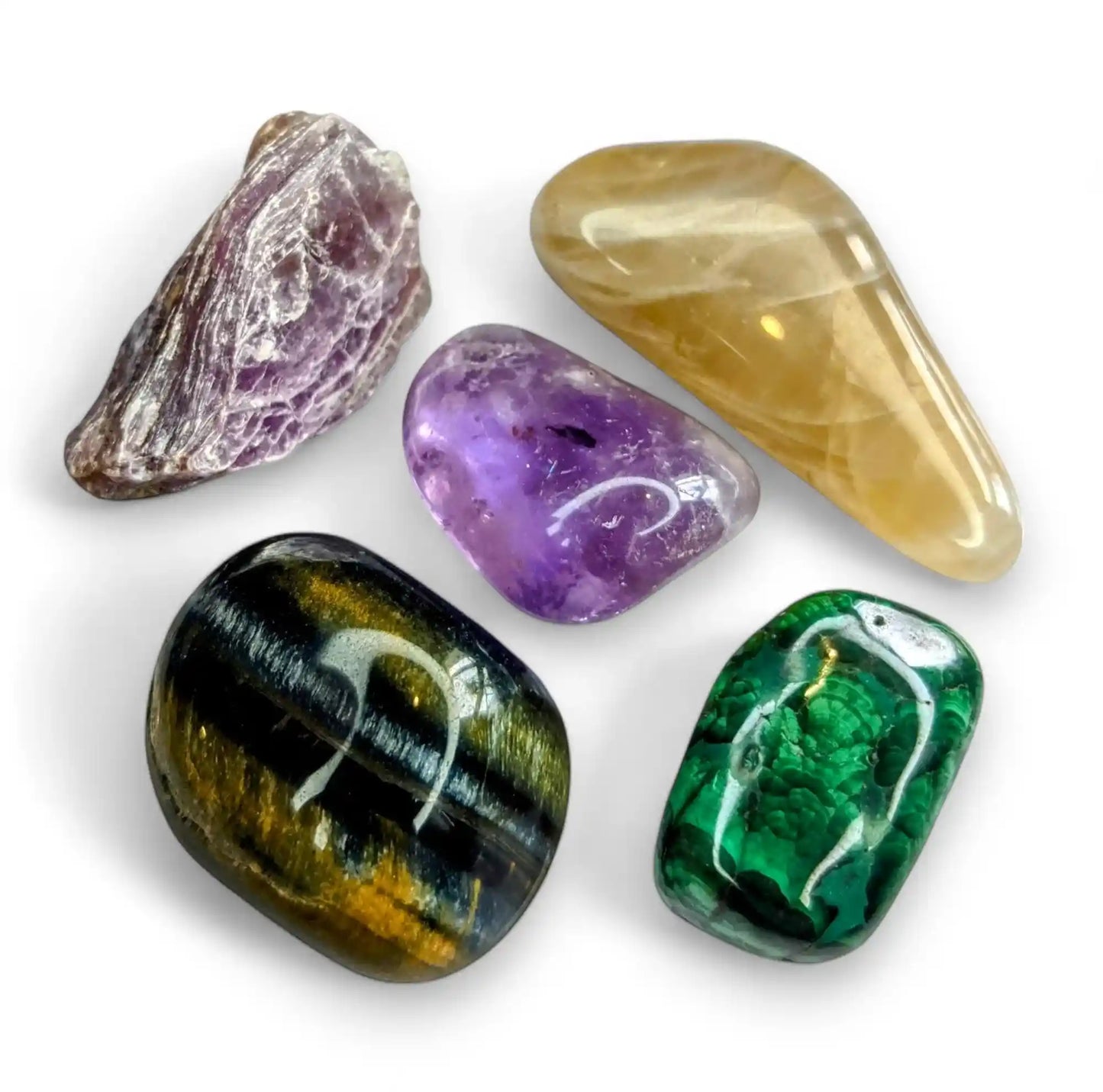 Travel protection adventure crystal healing pack with 5 natural stones - Blue Tigers Eye, Malachite, Amethyst, Lepidolite and Moonstone for safe journeys