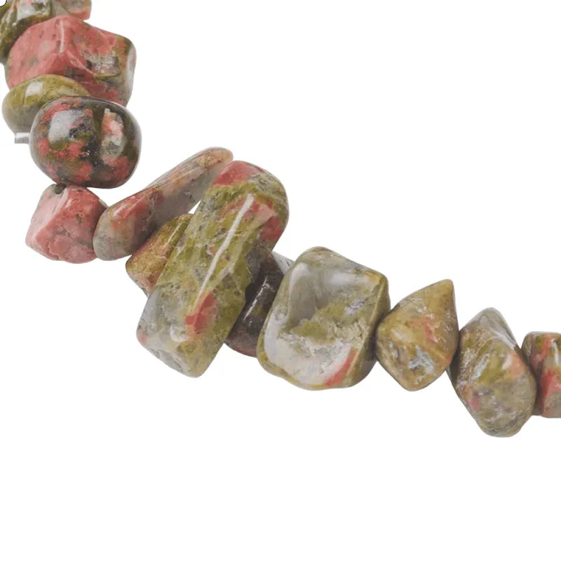 Unakite chip bracelet detail showing green pink crystal chips for emotional balance and spiritual healing from The Witches Hollow UK