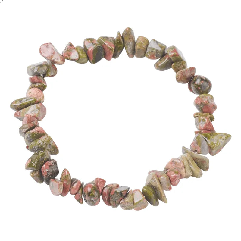 Unakite chip bracelet with green and pink stones for emotional healing and heart chakra balance from The Witches Hollow UK