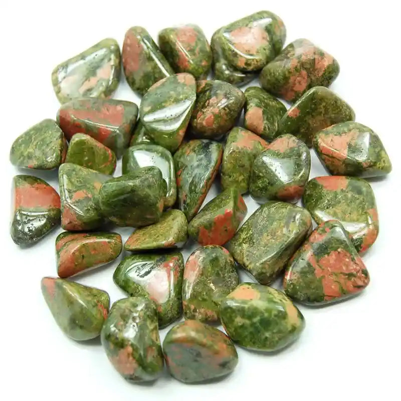 Unakite tumble stone with green pink crystal for emotional healing and heart chakra balance from The Witches Hollow UK