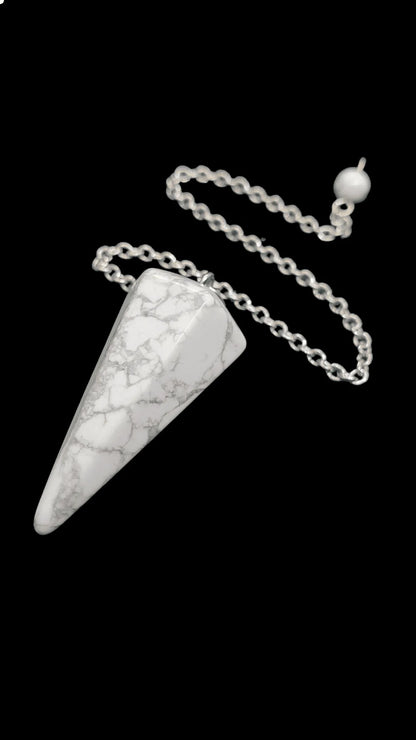 White howlite faceted cone pendulum detail with white crystal point for peaceful spiritual guidance from The Witches Hollow UK