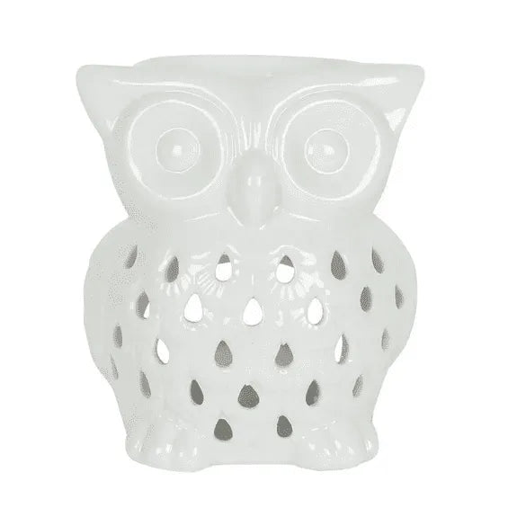 White owl wax melt oil burner detail showing ceramic owl design for aromatherapy and wax melts from The Witches Hollow UK