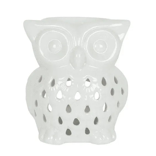 White owl wax melt oil burner detail showing ceramic owl design for aromatherapy and wax melts from The Witches Hollow UK