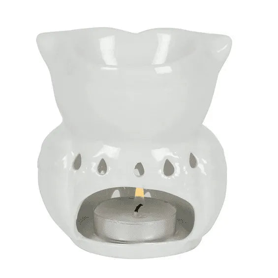 White owl waxmelt oil burner featuring ceramic owl for essential oils and wax melt diffusion from The Witches Hollow UK