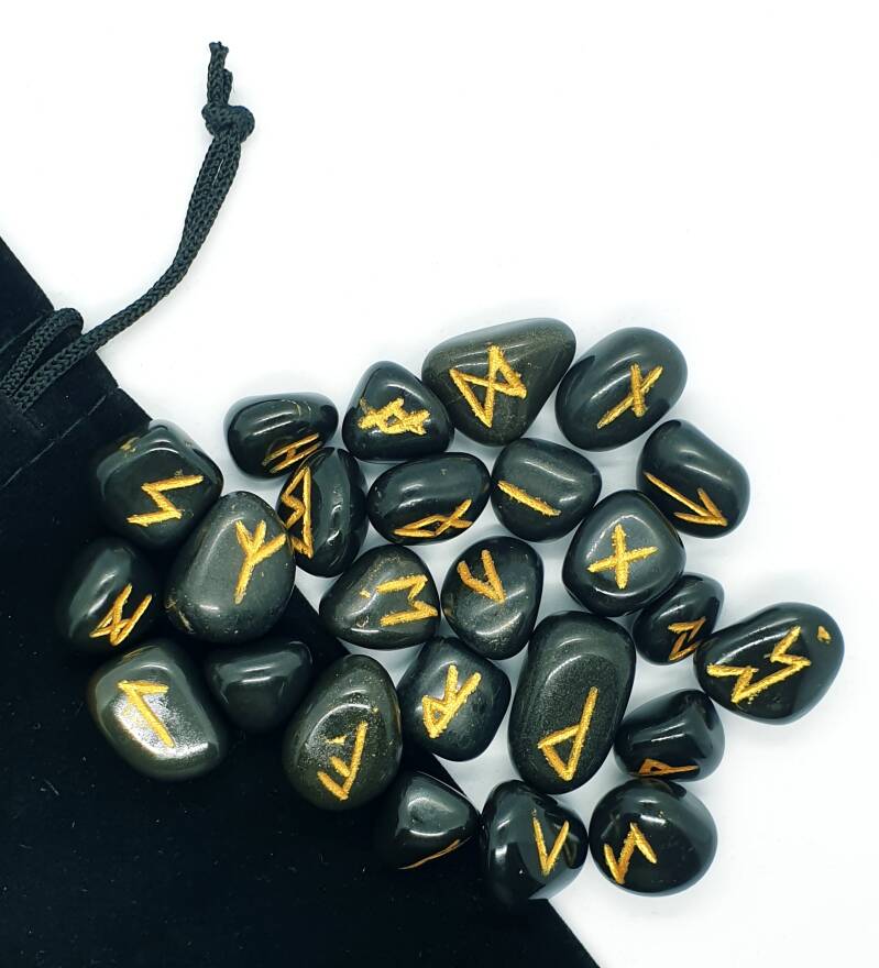 Crystal Futhark Rune Set with Pouch ~ Black Agate - The Witches Hollow