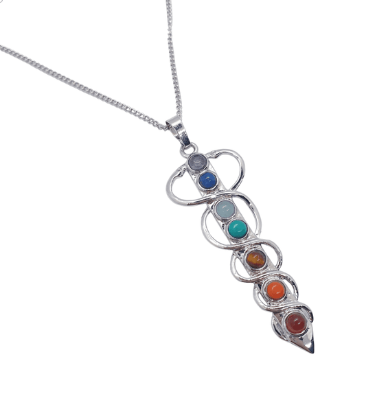 7 Chakra Silver Tone Caduceus Snake Pendant - The Witches Hollow