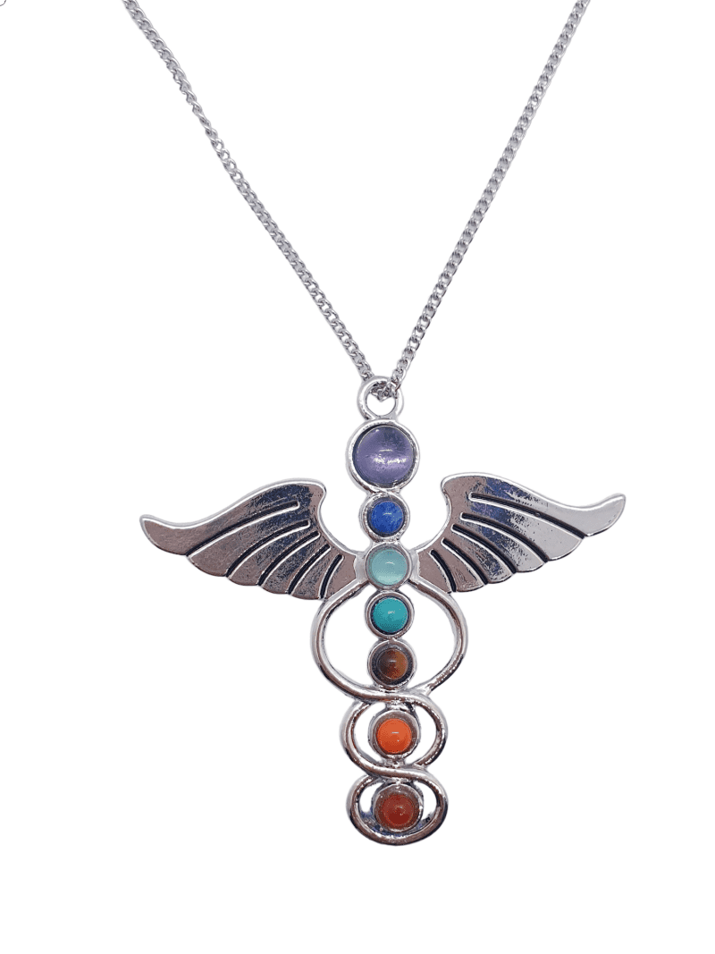 7 Chakra Silver Tone Caduceus Winged Pendant - The Witches Hollow