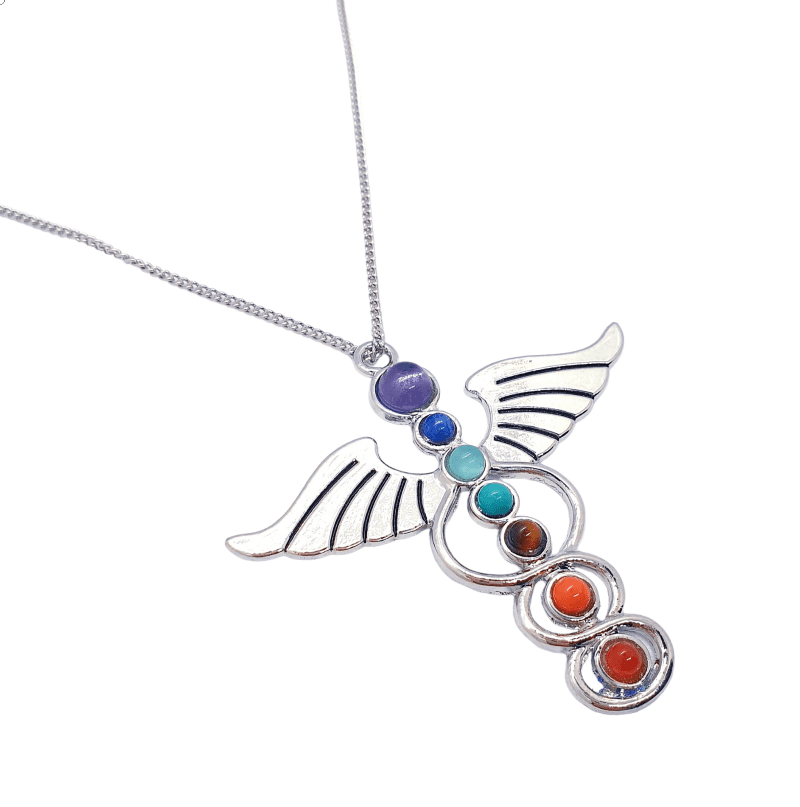 7 Chakra Silver Tone Caduceus Winged Pendant - The Witches Hollow