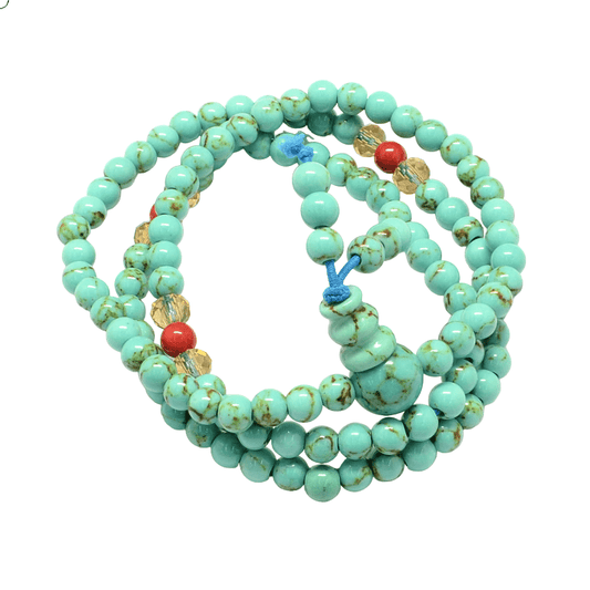 Buddhist Mala Prayer Beads ~ Yellow Jade & Aquamarine Colour - The Witches Hollow